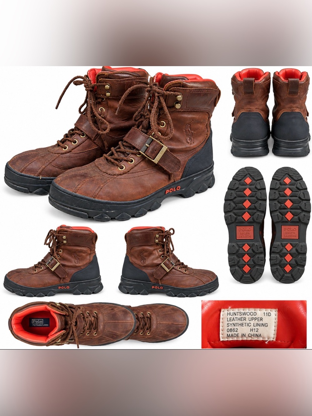 Polo Ralph Lauren Huntswood Leather Hiking Boots Brown Red Lug Sole Size 11D